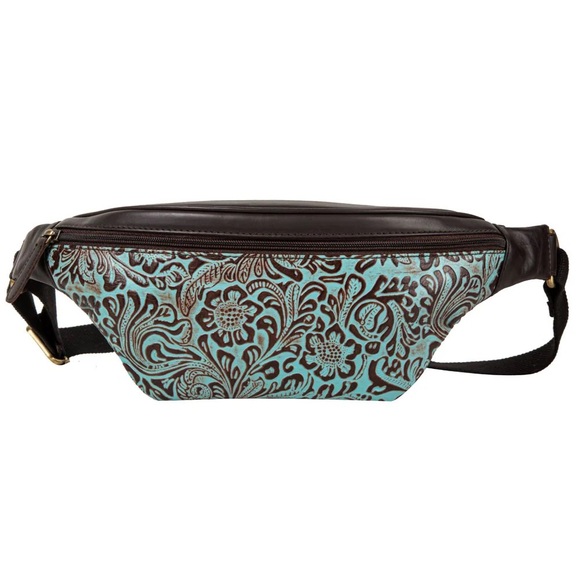 RED X Women's Canvas Floral Bum Bag / Fanny Pack - Turquoise Hibiscus, 7 Zipped Pockets, Adjustable Waist Up To 49"